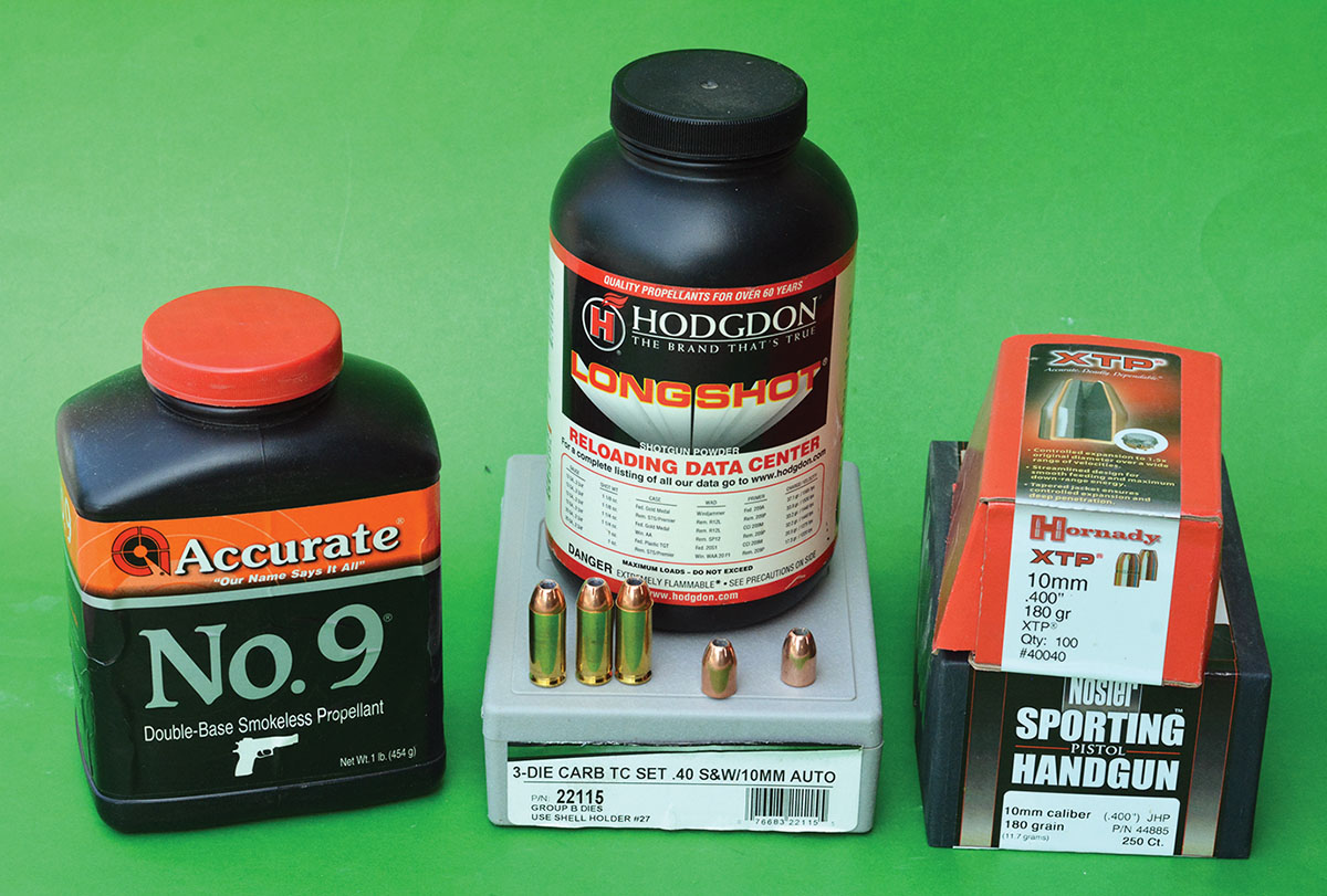 Accurate No. 9 and Hodgdon Longshot are excellent powder choices for handloading the 10mm Auto.